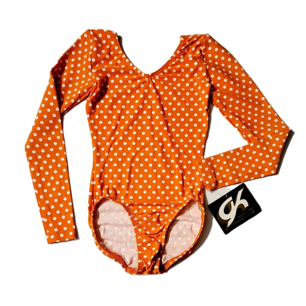 GK Elite VTG 90s Orange Polkadot LS Cotton Blend Leotard Bodysuit AS Adult S